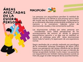 ÁREAS
AFECTADAS
EN LA
ESFERA
PERSONAL
Las personas con esquizofrenia perciben la realidad de
manera distinta a los demás lo que provoca que su visión
del mundo sea de manera distorsionada. Su percepción
se ve altamente afectada produciéndole problemas en la
memoria y la conciencia. Además, sufren de
alucinaciones visuales y más comúnmente auditivas.
Las alucinaciones sufridas por estas personas son
consideradas como falsas percepciones de los
acontecimientos del entorno en donde la persona
esquizofrénica escucha o ve algo que en realidad no
sucede, sin embargo, para ella estas alucinaciones
tienen toda la fuerza y la repercusión de una experiencia
normal.
Según resultados de un estudio realizado por psicólogos
de la Universidad Johannes Gutenberg de Mainz (JGU)
tienen una percepción del tiempo diferente de las demás
personas y la variación en la forma en que un intervalo de
tiempo es percibido también mucho mayor. Los pacientes
con esquizofrenia son también menos precisos cuando se
trata de juzgar el orden temporal de los acontecimientos.
PERCEPCIÓN
 