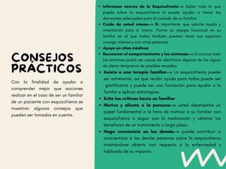 CONSEJOS
PRÁCTICOS
Con la finalidad de ayudar a
comprender mejor que acciones
realizar en el caso de ser un familiar
de un paciente con esquizofrenia se
muestran algunos consejos que
pueden ser tomados en cuenta.
Infórmese acerca de la Esquizofrenia--> Saber todo lo que
pueda sobre la esquizofrenia lo puede ayudar a tomar las
decisiones adecuadas para el cuidado de su familiar
Cuide de usted mismo--> Es importante que solicite ayuda y
orientación para sí mismo. Forme un equipo funcional en su
familia en el que todos también puedan tener sus espacios
consigo mismos y con otras personas.
Apoye en citas médicas
Reconocer el comportamiento y los síntomas--> Si conoce bien
los síntomas podrá ser capaz de identificar algunos de los signos
de alerta tempranos de posibles recaídas.
Asista a una terapia familiar--> La esquizofrenia puede
ser estresante, así que recibir ayuda para todos puede ser
gratificante y puede ser una formación para ayudar a la
familia a aplicar estrategias.
Evite las críticas hacia su familiar
Motive y aliente a la persona--> usted desempeña un
papel fundamental a la hora de motivar a su familiar con
esquizofrenia a seguir con la medicación y obtener los
beneficios de un tratamiento a largo plazo.
Haga conciencia en los demás--> puede contribuir a
concientizar a las demás personas sobre la esquizofrenia
mostrándose abierto con respecto a la enfermedad y
hablando de su impacto.
 