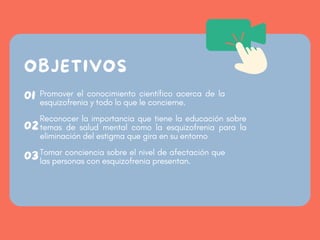 01
02
03
OBJETIVOS
Promover el conocimiento científico acerca de la
esquizofrenia y todo lo que le concierne.
Reconocer la importancia que tiene la educación sobre
temas de salud mental como la esquizofrenia para la
eliminación del estigma que gira en su entorno
Tomar conciencia sobre el nivel de afectación que
las personas con esquizofrenia presentan.
 