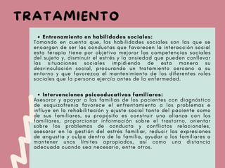 TRATAMIENTO
Entrenamiento en habilidades sociales:
Intervenciones psicoeducativas familiares:
Tomando en cuenta que, las habilidades sociales son las que se
encargan de ser las conductas que favorecen la interacción social
esta terapia tiene por objetivo mejorar las competencias sociales
del sujeto y, disminuir el estrés y la ansiedad que pueden conllevar
las situaciones sociales impidiendo de esta manera su
desvinculación social, procurando un tratamiento cercano a su
entorno y que favorezca el mantenimiento de los diferentes roles
sociales que la persona ejercía antes de la enfermedad.
Asesorar y apoyar a las familias de los pacientes con diagnóstico
de esquizofrenia favorece el enfrentamiento a los problemas e
influye en la rehabilitación y ajuste social tanto del paciente como
de sus familiares, su propósito es construir una alianza con los
familiares, proporcionar información sobre el trastorno, orientar
sobre los problemas de conducta y conflictos relacionales,
asesorar en la gestión del estrés familiar, reducir las expresiones
de angustia y culpa dentro de la familia, ayudar a los familiares a
mantener unos límites apropiados, así como una distancia
adecuada cuando sea necesario, entre otros.
 