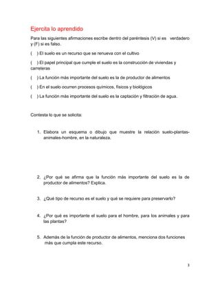 3
Ejercita lo aprendido
Para las siguientes afirmaciones escribe dentro del paréntesis (V) si es verdadero
y (F) si es falso.
( ) El suelo es un recurso que se renueva con el cultivo
( ) El papel principal que cumple el suelo es la construcción de viviendas y
carreteras
( ) La función más importante del suelo es la de productor de alimentos
( ) En el suelo ocurren procesos químicos, físicos y biológicos
( ) La función más importante del suelo es la captación y filtración de agua.
Contesta lo que se solicita:
1. Elabora un esquema o dibujo que muestre la relación suelo-plantas-
animales-hombre, en la naturaleza.
2. ¿Por qué se afirma que la función más importante del suelo es la de
productor de alimentos? Explica.
3. ¿Qué tipo de recurso es el suelo y qué se requiere para preservarlo?
4. ¿Por qué es importante el suelo para el hombre, para los animales y para
las plantas?
5. Además de la función de productor de alimentos, menciona dos funciones
más que cumpla este recurso.
 