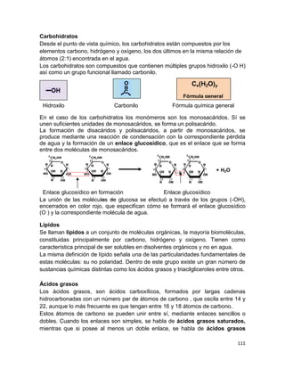 111
Cx(H2O)y
Fórmula general
Carbohidratos
Desde el punto de vista químico, los carbohidratos están compuestos por los
elementos carbono, hidrógeno y oxígeno, los dos últimos en la misma relación de
átomos (2:1) encontrada en el agua.
Los carbohidratos son compuestos que contienen múltiples grupos hidroxilo (-O H)
así como un grupo funcional llamado carbonilo.
Hidroxilo Carbonilo Fórmula química general
En el caso de los carbohidratos los monómeros son los monosacáridos. Sí se
unen suficientes unidades de monosacáridos, se forma un polisacárido.
La formación de disacáridos y polisacáridos, a partir de monosacáridos, se
produce mediante una reacción de condensación con la correspondiente pérdida
de agua y la formación de un enlace glucosídico, que es el enlace que se forma
entre dos moléculas de monosacáridos.
Enlace glucosídico en formación Enlace glucosídico
La unión de las moléculas de glucosa se efectuó a través de los grupos (-OH),
encerrados en color rojo, que especifican cómo se formará el enlace glucosídico
(O ) y la correspondiente molécula de agua.
Lípidos
Se llaman lípidos a un conjunto de moléculas orgánicas, la mayoría biomoléculas,
constituidas principalmente por carbono, hidrógeno y oxígeno. Tienen como
característica principal de ser solubles en disolventes orgánicos y no en agua.
La misma definición de lípido señala una de las particularidades fundamentales de
estas moléculas: su no polaridad. Dentro de este grupo existe un gran número de
sustancias químicas distintas como los ácidos grasos y triacilgliceroles entre otros.
Ácidos grasos
Los ácidos grasos, son ácidos carboxílicos, formados por largas cadenas
hidrocarbonadas con un número par de átomos de carbono , que oscila entre 14 y
22, aunque lo más frecuente es que tengan entre 16 y 18 átomos de carbono.
Estos átomos de carbono se pueden unir entre sí, mediante enlaces sencillos o
dobles. Cuando los enlaces son simples, se habla de ácidos grasos saturados,
mientras que si posee al menos un doble enlace, se habla de ácidos grasos
+ H2O
 