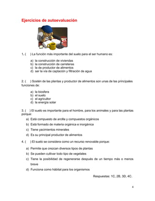 4
Ejercicios de autoevaluación
1. ( ) La función más importante del suelo para el ser humano es:
a) la construcción de viviendas
b) la construcción de carreteras
c) la de productor de alimentos
d) ser la vía de captación y filtración de agua
2. ( ) Sostén de las plantas y productor de alimentos son unas de las principales
funciones de:
a) la biosfera
b) el suelo
c) el agricultor
d) la energía solar
3. ( ) El suelo es importante para el hombre, para los animales y para las plantas
porque:
a) Está compuesto de arcilla y compuestos orgánicos
b) Está formado de materia orgánica e inorgánica
c) Tiene yacimientos minerales
d) Es su principal productor de alimentos
4. ( ) El suelo se considera como un recurso renovable porque:
a) Permite que crezcan diversos tipos de plantas
b) Se pueden cultivar todo tipo de vegetales
c) Tiene la posibilidad de regenerarse después de un tiempo más o menos
breve
d) Funciona como hábitat para los organismos
Respuestas: 1C, 2B, 3D, 4C.
 