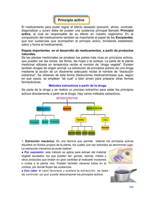 131
Principio activo
El medicamento para poder lograr el efecto deseado (prevenir, aliviar, controlar,
diagnosticar y curar) debe de poseer una sustancia principal llamado Principio
activo, el cual es responsable de su efecto en nuestro organismo. En la
composición del medicamento también es importante el papel de los Excipientes,
que son sustancias que acompañan al principio activo, brindando estabilidad,
sabor y forma al medicamento.
Etapas importantes en el desarrollo de medicamentos, a partir de productos
naturales.
De las plantas medicinales se emplean las partes más ricas en principios activos,
que pueden ser las raíces, las flores, las hojas o la corteza. La parte de la planta
medicinal utilizada en terapéutica recibe el nombre de “droga vegetal”. Existen
también drogas de origen animal. La extracción de principios activos de una droga
mediante la acción de un disolvente adecuado recibe el nombre de “disolución
extractiva”. Se obtienen de esta forma disoluciones medicamentosas que, según
en qué casos, se emplean “tal cual” o bien sirven para preparar otras formas
farmacéuticas.
Métodos extractivos a partir de la droga
Se parte de la droga y se realiza un proceso extractivo para aislar los principios
activos directamente a partir de la droga. Hay varios métodos extractivos.
1. Extracción mecánica: Es una técnica que permite obtener los principios activos
disueltos en fluidos propios de la planta, los cuales una vez extraídos se denominan jugo.
La extracción mecánica se pude realizar:
● Por expresión: este método se aplica para extraer del material
vegetal exudados, los que pueden ser: gomas, resinas, mieles y
otros productos que brotan en gran cantidad al realizarle incisiones
o cortes a la planta viva. Pueden también clavarse tubos en la
corteza, por donde fluyen las sustancias.
● Con calor: el calor favorece y acelera la extracción, se debe
de controlar ya que puede descomponer los principios activos.
 