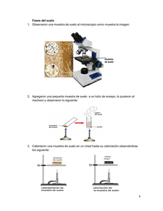 6
Fases del suelo
1. Observaron una muestra de suelo al microscopio como muestra la imagen:
2. Agregaron una pequeña muestra de suelo a un tubo de ensayo, lo pusieron al
mechero y observaron lo siguiente:
3. Calentaron una muestra de suelo en un crisol hasta su calcinación observándose
los siguiente:
 