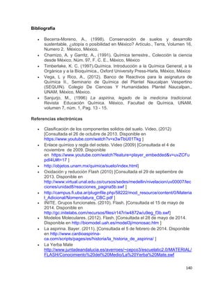 140
Bibliografía
 Becerra-Moreno, A., (1998). Conservación de suelos y desarrollo
sustentable, ¿utopía o posibilidad en México? Artículo., Terra, Volumen 16,
Numero 2, México, México.
 Chamizo, A. y Garritz, A., (1991). Química terrestre., Colección la ciencia
desde México, Núm. 97, F. C. E., México, México
 Timberlake, K. C. (1997).Química. Introducción a la Química General, a la
Orgánica y a la Bioquímica., Oxford University Press-Harla, México, México
 Vega, L y Rico, A., (2012). Banco de Reactivos para la asignatura de
Química II., Seminario de Química del Plantel Naucalpan Vespertino
(SEQUIN). Colegio De Ciencias Y Humanidades Plantel Naucalpan.,
UNAM, México, México.
 Sanjurjo, M., (1996) La aspirina, legado de la medicina tradicional.
Revista Educación Química. México, Facultad de Química, UNAM,
volumen 7, núm. 1, Pag. 13 - 15.
Referencias electrónicas
 Clasificación de los componentes solidos del suelo. Video, (2012)
[Consultada el 26 de octubre de 2013. Disponible en
https://www.youtube.com/watch?v=x3wTbU01Tkg ]
 Enlace químico y regla del octeto. Video (2009) [Consultada el 4 de
noviembre de 2009. Disponible
en https://www.youtube.com/watch?feature=player_embedded&v=uvZCFu
pdI4U#t=17 ]
 http://objetos.unam.mx/quimica/suelo/index.html]
 Oxidación y reducción Flash (2010) [Consultada el 29 de septiembre de
2013. Disponible en
http://www.virtual.unal.edu.co/cursos/sedes/medellin/nivelacion/uv00007/lec
ciones/unidad8/reacciones_pagina5b.swf ]
 http://campus.fi.uba.ar/pluginfile.php/58222/mod_resource/content/0/Materia
l_Adicional/Nomenclatura_CBC.pdf ]
 INITE. Grupos funcionales. (2010). Flash. [Consultada el 15 de mayo de
2014. Disponible en
http://gc.initelabs.com/recursos/files/r147r/w4872w/u9eg_f3b.swf]
 Modelos Moleculares. (2012). Flash. [Consultada el 28 de mayo de 2014.
Disponible en http://biomodel.uah.es/model3j/monosac.htm ]
 La aspirina. Bayer. (2011). [Consultada el 5 de febrero de 2014. Disponible
en http://www.cardioaspirina-
ca.com/scripts/pages/es/historia/la_historia_de_aspirina/ ]
 La Yerba Mate
http://www.juntadeandalucia.es/averroes/~cepco3/escuelatic2.0/MATERIAL/
FLASH/Conocimiento%20del%20Medio/La%20Yerba%20Mate.swf
 