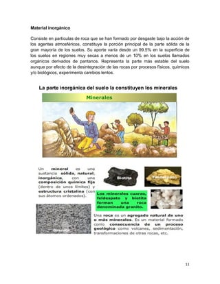 11
Material inorgánico
Consiste en partículas de roca que se han formado por desgaste bajo la acción de
los agentes atmosféricos, constituye la porción principal de la parte sólida de la
gran mayoría de los suelos. Su aporte varía desde un 99.5% en la superficie de
los suelos en regiones muy secas a menos de un 10% en los suelos llamados
orgánicos derivados de pantanos. Representa la parte más estable del suelo
aunque por efecto de la desintegración de las rocas por procesos físicos, químicos
y/o biológicos, experimenta cambios lentos.
La parte inorgánica del suelo la constituyen los minerales
 
