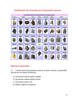 13
Clasificación de minerales por composición química
Ejercita lo aprendido
1. ( ) Escribe dentro del paréntesis la letra de la opción correcta. La parte sólida
del suelo es una mezcla formada por:
a) Únicamente materia orgánica vegetal
b) Únicamente materia orgánica animal
c) Únicamente materia viva
d) Materia orgánica e inorgánica
 