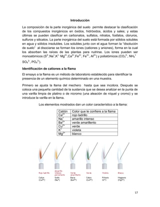 17
Introducción
La composición de la parte inorgánica del suelo permite destacar la clasificación
de los compuestos inorgánicos en óxidos, hidróxidos, ácidos y sales; y estas
últimas se pueden clasificar en carbonatos, sulfatos, nitratos, fosfatos, cloruros,
sulfuros y silicatos. La parte inorgánica del suelo está formada por sólidos solubles
en agua y sólidos insolubles. Los solubles junto con el agua forman la “disolución
de suelo” al disociarse se forman los iones (cationes y aniones), forma en la cual
los absorben las raíces de las plantas para nutrirse. Los iones pueden ser
monoatómicos (S2-
,Na+
,K+,
Mg2+
,Ca2+
,Fe2+
, Fe3+
, Al3+
) y poliatómicos (CO3
2-
, NH4
+
SO4
2-
, PO4
3-
).
Identificación de cationes a la flama
El ensayo a la flama es un método de laboratorio establecido para identificar la
presencia de un elemento químico determinado en una muestra.
Primero se ajusta la llama del mechero hasta que sea incolora. Después se
coloca una pequeña cantidad de la sustancia que se desea analizar en la punta de
una varilla limpia de platino o de nicromo (una aleación de níquel y cromo) y se
introduce la varilla en la llama.
Los elementos mostrados dan un color característico a la llama:
Catión Color que le confiere a la flama
Ca2+
rojo ladrillo
Na+
amarillo intenso
Ba2+
verde amarillento
Cu2+
verde
K+
violeta
Mg2+
blanco
 