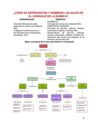 30
¿CÓMO SE REPRESENTAN Y NOMBRAN LAS SALES EN
EL LENGUAJE DE LA QUÍMICA?
APRENDIZAJES TEMÁTICA
● Escribe fórmulas de sales
aplicando el número de oxidación.
(N3)
● Asigna el nombre químico a
las fórmulas de los compuestos
estudiados. (N3)
ELEMENTO
Concepto de número de oxidación (N3)
COMPUESTO QUÍMICO:
Fórmulas de cloruros, sulfuros, nitratos,
carbonatos, sulfatos y fosfatos (N3)
Nomenclatura de cloruros, sulfuros,
nitratos, carbonatos, sulfatos y fosfatos N3
Aplicación del número de oxidación en la
escritura de fórmulas (N3
Mapa conceptual de lo que aprenderás en el apartado
 