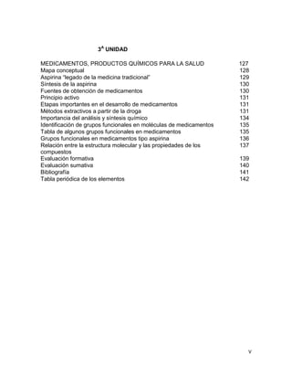V
3A
UNIDAD
MEDICAMENTOS, PRODUCTOS QUÍMICOS PARA LA SALUD 127
Mapa conceptual 128
Aspirina “legado de la medicina tradicional” 129
Síntesis de la aspirina 130
Fuentes de obtención de medicamentos
Principio activo
130
131
Etapas importantes en el desarrollo de medicamentos 131
Métodos extractivos a partir de la droga 131
Importancia del análisis y síntesis químico 134
Identificación de grupos funcionales en moléculas de medicamentos 135
Tabla de algunos grupos funcionales en medicamentos 135
Grupos funcionales en medicamentos tipo aspirina 136
Relación entre la estructura molecular y las propiedades de los
compuestos
Evaluación formativa
137
139
Evaluación sumativa 140
Bibliografía 141
Tabla periódica de los elementos 142
 