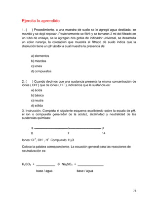 72
Ejercita lo aprendido
1. ( ) Procedimiento. a una muestra de suelo se le agregó agua destilada, se
mezcló y se dejó reposar. Posteriormente se filtró y se tomaron 2 ml del filtrado en
un tubo de ensaye, se le agregan dos gotas de indicador universal, se desarrolla
un color naranja, la coloración que muestra el filtrado de suelo indica que la
disolución tiene un pH ácido la cual muestra la presencia de:
a) elementos
b) mezclas
c) iones
d) compuestos
2. ( ) Cuando decimos que una sustancia presenta la misma concentración de
iones ( OH–
) que de iones ( H +
), indicamos que la sustancia es:
a) ácida
b) básica
c) neutra
d) sólida
3. Instrucción. Completa el siguiente esquema escribiendo sobre la escala de pH.
el ion o compuesto generador de la acidez, alcalinidad y neutralidad de las
sustancias químicas:
---------------------------------/-------------------------------
0 7 14
Iones: Cl-1
, OH-
, H+
Compuesto: H2O
Coloca la palabra correspondiente. La ecuación general para las reacciones de
neutralización es:
H2SO4 + ___________  Na2SO4 + _______________
base / agua base / agua
 