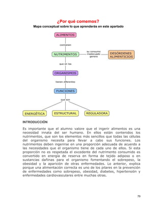 79
¿Por qué comemos?
Mapa conceptual sobre lo que aprenderás en este apartado
INTRODUCCIÓN
Es importante que el alumno valore que el ingerir alimentos es una
necesidad innata del ser humano. En ellos están contenidos los
nutrimentos, que son los elementos más sencillos que todas las células
del organismo necesita para llevar a cabo sus funciones. Los
nutrimentos deben ingerirse en una proporción adecuada de acuerdo a
las necesidades que el organismo tiene de cada uno de ellos. Si esta
proporción no es respetada el excedente del nutrimento consumido es
convertido en energía de reserva en forma de tejido adiposo o en
sustancias dañinas para el organismo fomentando el sobrepeso, la
obesidad y la aparición de otras enfermedades. Lo anterior, explica
porque una alimentación correcta es uno de los pilares en la prevención
de enfermedades como sobrepeso, obesidad, diabetes, hipertensión y
enfermedades cardiovasculares entre muchas otras.
 