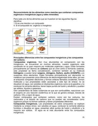 85
Reconocimiento de los alimentos como mezclas que contienen compuestos
orgánicos e inorgánicos (agua y sales minerales)
Para cada uno de los alimentos que se muestran en las siguientes figuras
identifica:
1 Si es una mezcla o un compuesto
4. Si el compuesto es orgánico o inorgánico
Respuestas
Principales diferencias entre los compuestos inorgánicos y los compuestos
del carbono.
Compuestos orgánicos. Son muy abundantes en comparación con los
inorgánicos, se encuentran en muchos alimentos, nuestro organismo está
constituido en su gran mayoría por moléculas orgánicas y agua. Están formados
principalmente por átomos de carbono que se unen entre sí formando cadenas,
esta propiedad se llama concatenación, contienen también en su molécula
hidrógeno y pueden tener oxígeno, nitrógeno, fósforo, azufre (CHONPS) y en
ocasiones otros elementos. Están formados principalmente por elementos no
metálicos que presentan poca diferencia de electronegatividad entre ellos, por eso
al enlazarse comparten electrones y forman enlaces llamados covalentes, forman
moléculas y sus propiedades están asociadas a este tipo de enlace: no se
disuelven en agua, son solubles en disolventes orgánicos como es la gasolina y no
conducen la corriente eléctrica, tienen bajos puntos de fusión y ebullición y pueden
ser sólidos, líquidos o gaseosos.
Otra característica de estas sustancias es que son combustibles, reaccionan con
el oxígeno en una reacción exotérmica en la que se genera energía, bióxido de
carbono, CO2 y vapor de agua.
Existen compuestos que contienen carbono, como son los carburos, los
carbonatos y el bióxido de carbono que no pueden ser considerados como
orgánicos porque no forman cadenas y tienen propiedades diferentes.
Compuestos Inorgánicos. Las propiedades de estos compuestos se explican
mediante su enlace iónico: son solubles en agua, conducen la corriente eléctrica
fundidos o disueltos en agua, presentan altos puntos de fusión y ebullición y la
mayoría son sólidos. El agua es el más abundante entre los compuestos
inorgánicos.
Carne
Sal
Pescado Cereal
Mantequilla Platano Núez
Mezclas Compuestos
Agua Azúcar
 