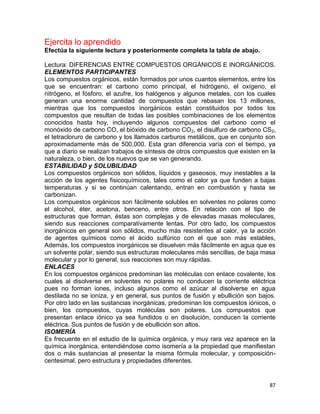 87
Ejercita lo aprendido
Efectúa la siguiente lectura y posteriormente completa la tabla de abajo.
Lectura: DIFERENCIAS ENTRE COMPUESTOS ORGÁNICOS E INORGÁNICOS.
ELEMENTOS PARTICIPANTES
Los compuestos orgánicos, están formados por unos cuantos elementos, entre los
que se encuentran: el carbono como principal, el hidrógeno, el oxígeno, el
nitrógeno, el fósforo, el azufre, los halógenos y algunos metales, con los cuales
generan una enorme cantidad de compuestos que rebasan los 13 millones,
mientras que los compuestos inorgánicos están constituidos por todos los
compuestos que resultan de todas las posibles combinaciones de los elementos
conocidos hasta hoy, incluyendo algunos compuestos del carbono como el
monóxido de carbono CO, el bióxido de carbono CO2, el disulfuro de carbono CS2,
el tetracloruro de carbono y los llamados carburos metálicos, que en conjunto son
aproximadamente más de 500,000. Esta gran diferencia varía con el tiempo, ya
que a diario se realizan trabajos de síntesis de otros compuestos que existen en la
naturaleza, o bien, de los nuevos que se van generando.
ESTABILIDAD y SOLUBILIDAD
Los compuestos orgánicos son sólidos, líquidos y gaseosos, muy inestables a la
acción de los agentes fisicoquímicos, tales como el calor ya que funden a bajas
temperaturas y si se continúan calentando, entran en combustión y hasta se
carbonizan.
Los compuestos orgánicos son fácilmente solubles en solventes no polares como
el alcohol, éter, acetona, benceno, entre otros. En relación con el tipo de
estructuras que forman, éstas son complejas y de elevadas masas moleculares,
siendo sus reacciones comparativamente lentas. Por otro lado, los compuestos
inorgánicos en general son sólidos, mucho más resistentes al calor, ya la acción
de agentes químicos como el ácido sulfúrico con el que son más estables,
Además, los compuestos inorgánicos se disuelven más fácilmente en agua que es
un solvente polar, siendo sus estructuras moleculares más sencillas, de baja masa
molecular y por lo general, sus reacciones son muy rápidas.
ENLACES
En los compuestos orgánicos predominan las moléculas con enlace covalente, los
cuales al disolverse en solventes no polares no conducen la corriente eléctrica
pues no forman iones, incluso algunos como el azúcar al disolverse en agua
destilada no se ioniza, y en general, sus puntos de fusión y ebullición son bajos.
Por otro lado en las sustancias inorgánicas, predominan los compuestos iónicos, o
bien, los compuestos, cuyas moléculas son polares. Los compuestos que
presentan enlace iónico ya sea fundidos o en disolución, conducen la corriente
eléctrica. Sus puntos de fusión y de ebullición son altos.
ISOMERÍA
Es frecuente en el estudio de la química orgánica, y muy rara vez aparece en la
química inorgánica, entendiéndose como isomería a la propiedad que manifiestan
dos o más sustancias al presentar la misma fórmula molecular, y composición-
centesimal, pero estructura y propiedades diferentes.
 
