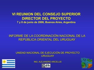 VI REUNION DEL CONSEJO SUPERIOR 
DIRECTOR DEL PROYECTO 
7 y 8 de junio de 2006, Buenos Aires, Argentina 
INFORME DE LA COORDINACIÓN NACIONAL DE LA 
REPÚBLICA ORIENTAL DEL URUGUAY 
UNIDAD NACIONAL DE EJECUCIÓN DE PROYECTO 
URUGUAY 
ING. ALEJANDRO ARCELUS 
 
