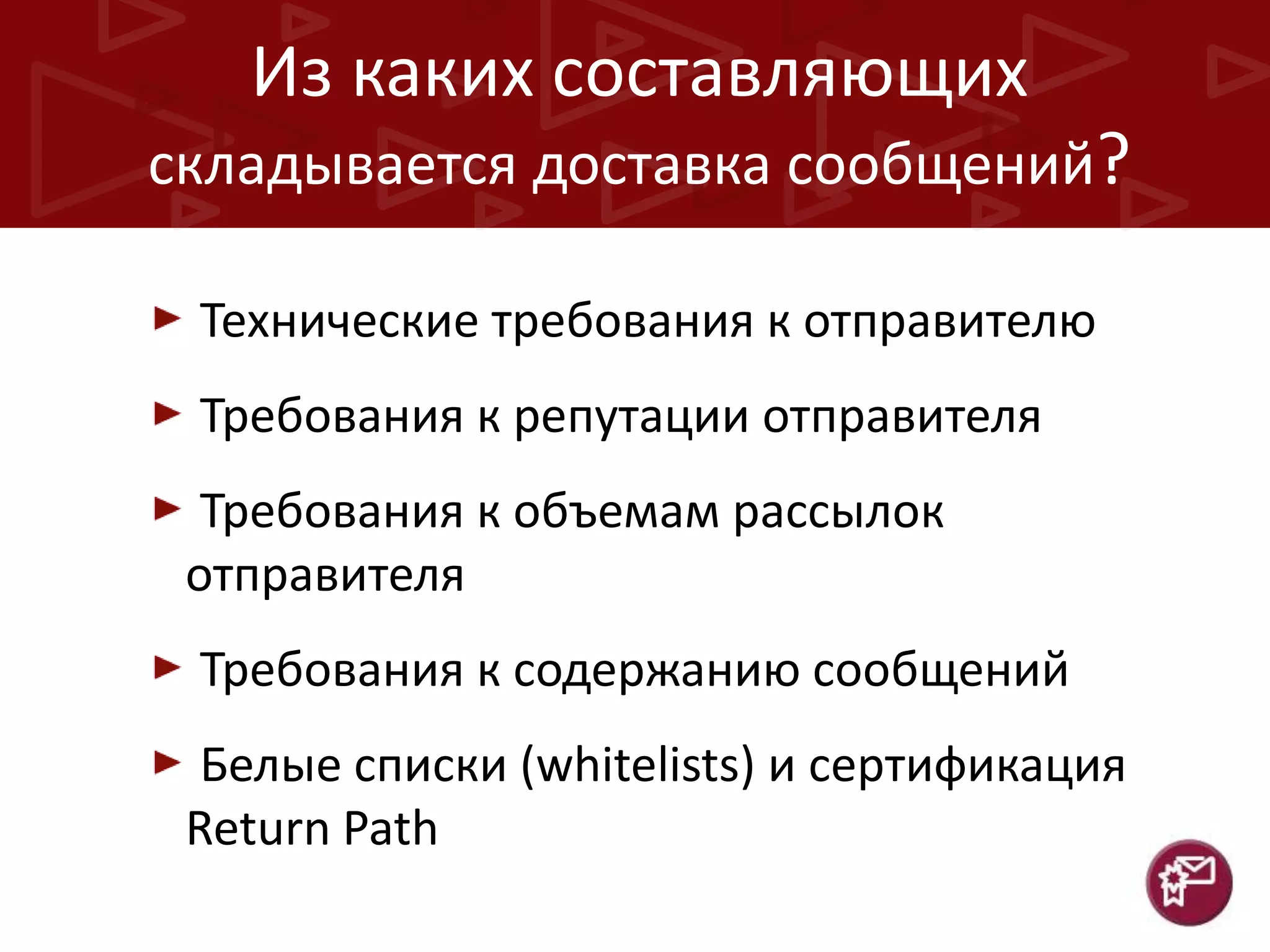 Из каких составляющих
складывается доставка сообщений?
Технические требования к отправителю
Требования к репутации отправителя
Требования к объемам рассылок
отправителя
Требования к содержанию сообщений
Белые списки (whitelists) и сертификация
Return Path

 