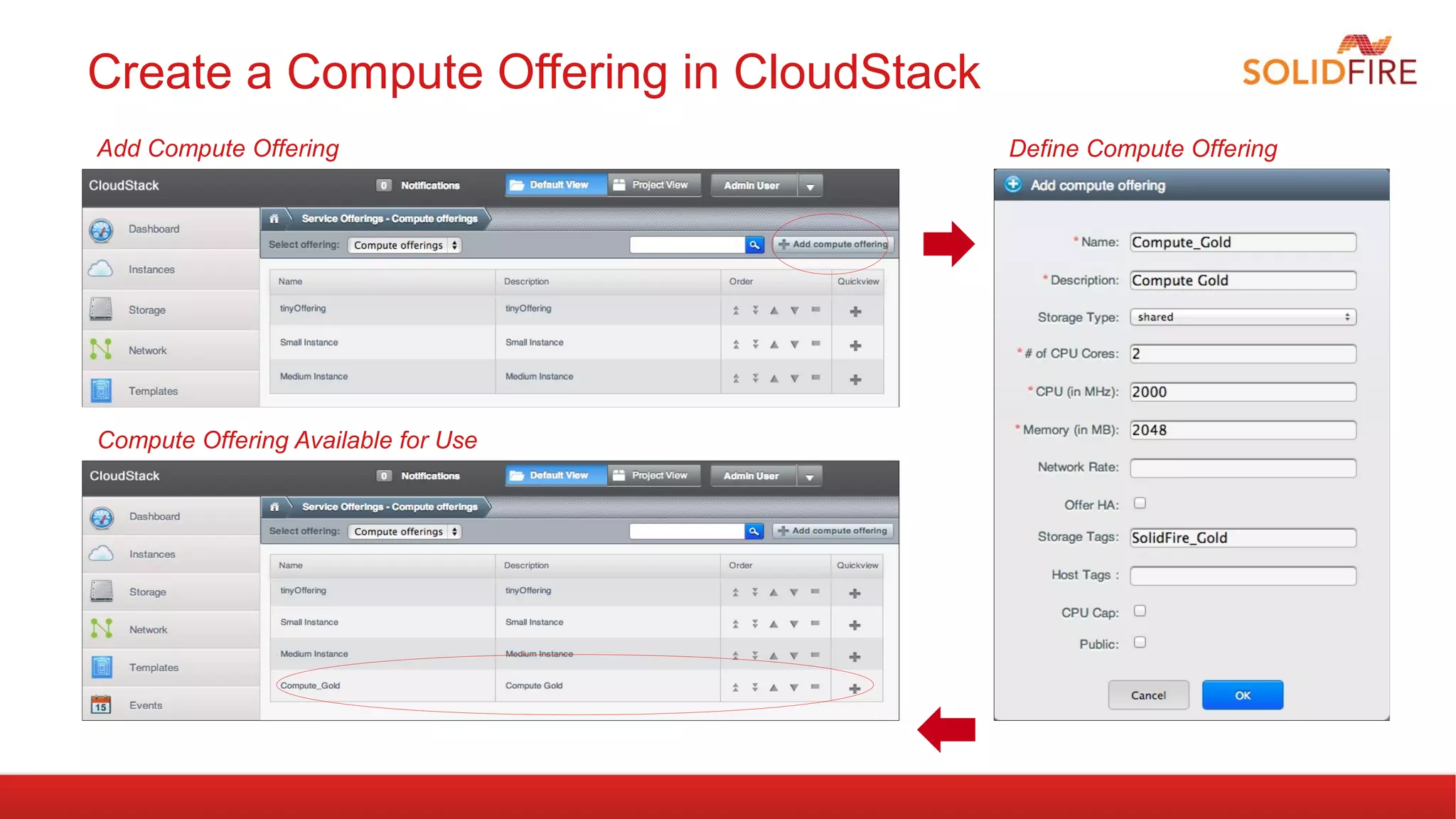 Create a Compute Offering in CloudStack 
Add Compute Offering Define Compute Offering 
Compute Offering Available for Use 
 
