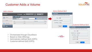 Admin-Defined QoS 
--VS-- 
Customer Adds a Volume 
• Orchestrated through CloudStack 
• Based on Disk Offerings 
• Administrator-defined QoS (IOPS) 
• Customer-defined QoS (IOPS) 
Customer-Defined QoS 
Add a Volume 
 