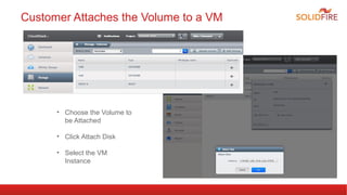 Customer Attaches the Volume to a VM 
• Choose the Volume to 
be Attached 
• Click Attach Disk 
• Select the VM 
Instance 
 