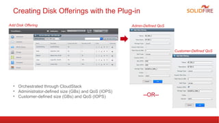 Creating Disk Offerings with the Plug-in
--OR--
Admin-Defined QoS
Customer-Defined QoS
• Orchestrated through CloudStack
•...