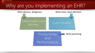 NETSPECTIVE

Why are you implementing an EHR?
Most obvious, dangerous

Most noise, least attention

Most promising

www.netspective.com

5

 