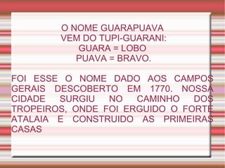O NOME GUARAPUAVA
VEM DO TUPI-GUARANI:
GUARA = LOBO
PUAVA = BRAVO.
FOI ESSE O NOME DADO AOS CAMPOS
GERAIS DESCOBERTO EM 1770. NOSSA
CIDADE SURGIU NO CAMINHO DOS
TROPEIROS, ONDE FOI ERGUIDO O FORTE
ATALAIA E CONSTRUIDO AS PRIMEIRAS
CASAS
 