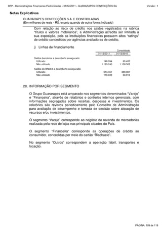 Notas Explicativas
GUARARAPES CONFECÇÕES S.A. E CONTROLADAS
(Em milhares de reais - R$, exceto quando de outra forma indicado)
Com relação ao risco de crédito nos saldos registrados na rubrica
“títulos e valores mobiliários”, a Administração acredita ser limitada a
sua exposição, pois as instituições financeiras possuem altos “ratings”
de crédito concedidos por agências avaliadoras de crédito.
j) Linhas de financiamento
31/12/2011 31/12/2010
Saldos bancários a descoberto assegurado:
Utilizado 148.994 65.403
Não utilizado 1.129.740 1.159.502
Saldos do BNDES a descoberto assegurado:
Utilizado 613.461 389.087
Não utilizado 118.039 60.913
Consolidado
28. INFORMAÇÃO POR SEGMENTO
O Grupo Guararapes está amparado nos segmentos denominados “Varejo”
e “Financeira”, através de relatórios e controles internos gerenciais, com
informações segregadas sobre receitas, despesas e investimentos. Os
relatórios são revistos periodicamente pelo Conselho de Administração
para avaliação de desempenho e tomada de decisão sobre alocação de
recursos e/ou investimentos.
O segmento “Varejo” corresponde ao negócio de revenda de mercadorias
realizada pela rede de lojas nas principais cidades do País.
O segmento “Financeira” corresponde as operações de crédito ao
consumidor, concedidas por meio do cartão “Riachuelo”.
No segmento “Outros” correspondem a operação fabril, transportes e
locação.
PÁGINA: 109 de 118
DFP - Demonstrações Financeiras Padronizadas - 31/12/2011 - GUARARAPES CONFECÇÕES SA Versão : 1
 