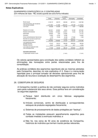 Notas Explicativas
GUARARAPES CONFECÇÕES S.A. E CONTROLADAS
(Em milhares de reais - R$, exceto quando de outra forma indicado)
Varejo Financeira Outros Eliminações Consolidado
Receita líquida 2.190.137 384.272 860.606 (827.031) 2.607.984
Custo dos produtos, das mercadorias
e dos serviços vendidos (1.271.857) (71.328) (603.274) 831.058 (1.115.401)
Lucro bruto 918.280 312.944 257.332 4.027 1.492.583
Despesas com vendas (643.921) (90.985) (8.844) 64.388 (679.362)
Despesas administrativas (130.859) (103.682) (54.691) 15.046 (274.186)
Depreciação (58.603) (184) (18.360) - (77.147)
Honorarios (4.352) (2.734) (5.538) - (12.624)
Outras receitas(despesas) Operacionais 2.705 37.653 42.458 (77.036) 5.780
Resultado de equivalencia patrimonial 84.077 - 172.593 (256.670) -
Despesas operacionais (750.953) (159.932) 127.618 (254.272) (1.037.539)
Lucro operacional antes do
resultado financeiro 167.327 153.012 384.950 (250.245) 455.044
Resultado financeiro 10.257 (12.810) 1.294 (617) (1.876)
Lucro antes do imposto de renda
e da contribuição social 177.584 140.202 386.244 (250.862) 453.168
Informações suplementares
(*) Depreciação incluida no custo - - (11.441) - (11.441)
31/12/2010
Os valores apresentados para conciliação dos saldos contábeis refletem as
eliminações das transações entre partes relacionadas para fins de
consolidação.
As práticas contábeis dos segmentos reportáveis são as mesmas adotadas
pela Companhia, descritas na nota explicativa nº 2. Essa é a mensuração
reportada para o principal tomador de decisões operacionais para fins de
alocação de recursos e avaliação do desempenho dos segmentos.
29. COBERTURA DE SEGUROS
A Companhia mantém a política de não contratar seguros contra incêndios
para parte substancial dos seus ativos. Essa política leva em consideração
os seguintes aspectos:
a) Parque fabril distribuído em cinco fábricas segregadas
fisicamente;
b) Imóveis comerciais, centro de distribuição e correspondentes
estoques de produtos segregados fisicamente;
c) Sistemas de processamento de dados protegidos por “backup”;
d) Todas as instalações possuem aparelhamento específico para
combate imediato a eventuais incêndios; e
e) Não há, nos cerca de 50 anos de existência da Companhia,
históricos de incêndios que tenham trazido perdas relevantes.
PÁGINA: 111 de 118
DFP - Demonstrações Financeiras Padronizadas - 31/12/2011 - GUARARAPES CONFECÇÕES SA Versão : 1
 