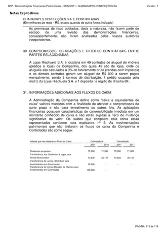 Notas Explicativas
GUARARAPES CONFECÇÕES S.A. E CONTROLADAS
(Em milhares de reais - R$, exceto quando de outra forma indicado)
As premissas de risco adotadas, dada a natureza, não fazem parte do
escopo de uma revisão das demonstrações financeiras,
conseqüentemente, não foram analisadas pelos nossos auditores
independentes.
30. COMPROMISSOS, OBRIGAÇÕES E DIREITOS CONTRATUAIS ENTRE
PARTES RELACIONADAS
A Lojas Riachuelo S.A. é locatária em 49 contratos de aluguel de imóveis
(prédios e lojas) da Companhia, dos quais 45 são de lojas, onde os
aluguéis são calculados a 3% do faturamento bruto (vendas com impostos)
e os demais contratos geram um aluguel de R$ 899 a serem pagos
mensalmente, sendo 2 centros de distribuição, 1 prédio ocupado pela
matriz da Lojas Riachuelo S.A. e 1 depósito na região de Brasília-DF.
31. INFORMAÇÕES ADICIONAIS AOS FLUXOS DE CAIXA
A Administração da Companhia define como “caixa e equivalentes de
caixa” valores mantidos com a finalidade de atender a compromissos de
curto prazo e não para investimento ou outros fins. As aplicações
financeiras possuem características de conversibilidade imediata em um
montante conhecido de caixa e não estão sujeitas a risco de mudança
significativa de valor. Os saldos que compõem esta conta estão
representados conforme nota explicativa nº 5. As movimentações
patrimoniais que não afetaram os fluxos de caixa da Companhia e
Controladas são como segue:
Valores que nao afetaram o Fluxo de Caixa
2011 2010 2011 2011
Dividendos propostos 75.290 71.380 75.290 71.380
Transferência dos Dividendos a pagar para
Partes Relacionadas 40.828 35.140 40.828 35.140
Transferência de Lucros a Distribuir para
Investimentos em Controladas 30.000 - - -
Transferencia de Contas Receber de Clientes para
Investimentos em Controladas 100.000 -
Controladora Consolidado
PÁGINA: 112 de 118
DFP - Demonstrações Financeiras Padronizadas - 31/12/2011 - GUARARAPES CONFECÇÕES SA Versão : 1
 