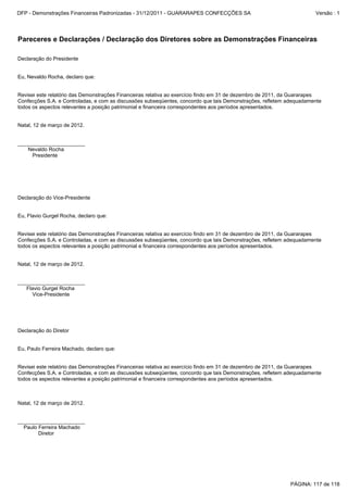 Declaração do Presidente
Eu, Nevaldo Rocha, declaro que:
Revisei este relatório das Demonstrações Financeiras relativa ao exercício findo em 31 de dezembro de 2011, da Guararapes
Confecções S.A. e Controladas, e com as discussões subseqüentes, concordo que tais Demonstrações, refletem adequadamente
todos os aspectos relevantes a posição patrimonial e financeira correspondentes aos períodos apresentados.
Natal, 12 de março de 2012.
_______________________
Nevaldo Rocha
Presidente
Declaração do Vice-Presidente
Eu, Flavio Gurgel Rocha, declaro que:
Revisei este relatório das Demonstrações Financeiras relativa ao exercício findo em 31 de dezembro de 2011, da Guararapes
Confecções S.A. e Controladas, e com as discussões subseqüentes, concordo que tais Demonstrações, refletem adequadamente
todos os aspectos relevantes a posição patrimonial e financeira correspondentes aos períodos apresentados.
Natal, 12 de março de 2012.
_______________________
Flavio Gurgel Rocha
Vice-Presidente
Declaração do Diretor
Eu, Paulo Ferreira Machado, declaro que:
Revisei este relatório das Demonstrações Financeiras relativa ao exercício findo em 31 de dezembro de 2011, da Guararapes
Confecções S.A. e Controladas, e com as discussões subseqüentes, concordo que tais Demonstrações, refletem adequadamente
todos os aspectos relevantes a posição patrimonial e financeira correspondentes aos períodos apresentados.
Natal, 12 de março de 2012.
_______________________
Paulo Ferreira Machado
Diretor
Pareceres e Declarações / Declaração dos Diretores sobre as Demonstrações Financeiras
PÁGINA: 117 de 118
DFP - Demonstrações Financeiras Padronizadas - 31/12/2011 - GUARARAPES CONFECÇÕES SA Versão : 1
 