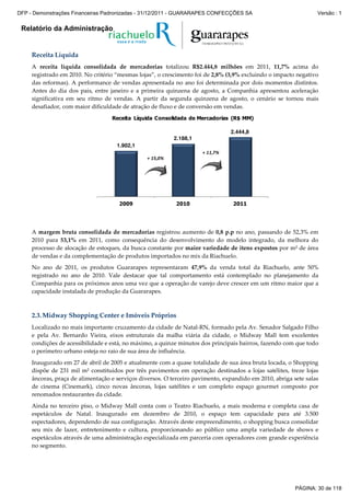Relatório da Administração
Receita Líquida
A receita líquida consolidada de mercadorias totalizou R$2.444,8 milhões em 2011, 11,7% acima do
registrado em 2010. No critério “mesmas lojas”, o crescimento foi de 2,8% (3,9% excluindo o impacto negativo
das reformas). A performance de vendas apresentada no ano foi determinada por dois momentos distintos.
Antes do dia dos pais, entre janeiro e a primeira quinzena de agosto, a Companhia apresentou aceleração
significativa em seu ritmo de vendas. A partir da segunda quinzena de agosto, o cenário se tornou mais
desafiador, com maior dificuldade de atração de fluxo e de conversão em vendas.
1.902,1
2.188,1
2.444,8
2009 2010 2011
Receita Líquida Consolidada de Mercadorias (R$ MM)
+ 15,0%
+ 11,7%
A margem bruta consolidada de mercadorias registrou aumento de 0,8 p.p no ano, passando de 52,3% em
2010 para 53,1% em 2011, como consequência do desenvolvimento do modelo integrado, da melhora do
processo de alocação de estoques, da busca constante por maior variedade de itens expostos por m² de área
de vendas e da complementação de produtos importados no mix da Riachuelo.
No ano de 2011, os produtos Guararapes representaram 47,9% da venda total da Riachuelo, ante 50%
registrado no ano de 2010. Vale destacar que tal comportamento está contemplado no planejamento da
Companhia para os próximos anos uma vez que a operação de varejo deve crescer em um ritmo maior que a
capacidade instalada de produção da Guararapes.
2.3.Midway Shopping Center e Imóveis Próprios
Localizado no mais importante cruzamento da cidade de Natal-RN, formado pela Av. Senador Salgado Filho
e pela Av. Bernardo Vieira, eixos estruturais da malha viária da cidade, o Midway Mall tem excelentes
condições de acessibilidade e está, no máximo, a quinze minutos dos principais bairros, fazendo com que todo
o perímetro urbano esteja no raio de sua área de influência.
Inaugurado em 27 de abril de 2005 e atualmente com a quase totalidade de sua área bruta locada, o Shopping
dispõe de 231 mil m² constituídos por três pavimentos em operação destinados a lojas satélites, treze lojas
âncoras, praça de alimentação e serviços diversos. O terceiro pavimento, expandido em 2010, abriga sete salas
de cinema (Cinemark), cinco novas âncoras, lojas satélites e um completo espaço gourmet composto por
renomados restaurantes da cidade.
Ainda no terceiro piso, o Midway Mall conta com o Teatro Riachuelo, a mais moderna e completa casa de
espetáculos de Natal. Inaugurado em dezembro de 2010, o espaço tem capacidade para até 3.500
espectadores, dependendo de sua configuração. Através deste empreendimento, o shopping busca consolidar
seu mix de lazer, entretenimento e cultura, proporcionando ao público uma ampla variedade de shows e
espetáculos através de uma administração especializada em parceria com operadores com grande experiência
no segmento.
PÁGINA: 30 de 118
DFP - Demonstrações Financeiras Padronizadas - 31/12/2011 - GUARARAPES CONFECÇÕES SA Versão : 1
 