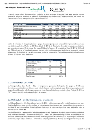 Relatório da Administração
A seguir, segue tabela demonstrando a evolução de suas receitas e de seu EBITDA. Vale ressaltar que as
receitas e despesas referentes à operação do shopping são consolidadas, respectivamente, nas linhas de
“Receita Bruta” e de “Despesas Gerais e Administrativas”.
Midway Mall (R$ Mil) 4T11 4T10 Var.(%) 12M11 12M10 Var.(%)
Receita Líquida de Aluguel e Luvas (R$ Mil) 13.688 11.792 16,1% 42.612 35.642 19,6%
EBITDA (R$ Mil) 13.208 9.443 39,9% 39.518 31.252 26,4%
Margem EBITDA 96,5% 80,1% 16,4 p.p. 92,7% 87,7% 5,1 p.p.
ABL (mil m2
) 65,7 65,7 0,0% 65,7 65,7 0,0%
EBITDA/ABL (R$/m2
) 201,1 143,8 39,9% 601,7 475,8 26,4%
NOI (R$ Mil) 13.045 10.839 20,3% 39.192 32.783 19,5%
Margem NOI 95,3% 91,9% 3,4 p.p. 92,0% 92,0% 0,0 p.p.
Além da operação do Shopping Center, o grupo destaca-se por possuir um portfólio representativo de lojas
em imóveis próprios. Dentre as 145 lojas (final de 2011) da Riachuelo, 46 estão instaladas em imóveis
pertencentes ao grupo. Desta forma, dos atuais 364,4 mil m² de área de vendas total (final de 2011), 116,8 mil
m² (32%) referem-se às lojas localizadas em imóveis próprios. Considerando tais imóveis, juntamente com os
três centros de distribuição e as seis plantas de produção industrial, a Companhia possui aproximadamente
800 mil m² em área bruta construída.
Quantidade (%)
Lojas em Imóveis Próprios 46 32%
Lojas em Shopping 8 6%
Lojas em Rua 38 26%
Lojas em Imóveis Alugados 99 68%
Lojas em Shopping 96 66%
Lojas em Rua 3 2%
Total de Lojas 145 100%
2.4. Transportadora Casa Verde
A Transportadora Casa Verde – TCV – é responsável por parte da logística do grupo e, devido aos
investimentos realizados nos últimos anos, principalmente em tecnologia, é capaz de entregar regularmente
os produtos fabricados pela Companhia para as Lojas Riachuelo de forma bastante eficaz. Ao final de 2011, a
TCV contava com 103 caminhões próprios e 30 carretas.
2.5. Midway S.A – Crédito, Financiamento e Investimento
A Midway Financeira S.A. foi criada em Janeiro de 2008 e iniciou suas operações em julho deste mesmo ano.
Sua fundação tem como objetivo realizar as operações de financiamento aos consumidores dos produtos e
serviços de sua controladora, Lojas Riachuelo, buscando os recursos financeiros mais adequados para o
suporte de tais transações.
No decorrer de 2011, a Companhia continuou a gerenciar seu estoque de provisões para devedores duvidosos
com o intuito de manter a relação PDD x Saldo da Carteira nos patamares adequados em relação ao nível de
risco das operações. Com o objetivo de melhor ilustrar o processo de constituição da provisão para devedores
duvidosos, segue tabela contendo a abertura da carteira por faixa de atraso e seus respectivos estoques de
PÁGINA: 31 de 118
DFP - Demonstrações Financeiras Padronizadas - 31/12/2011 - GUARARAPES CONFECÇÕES SA Versão : 1
 