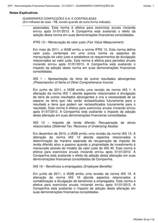 Notas Explicativas
GUARARAPES CONFECÇÕES S.A. E CONTROLADAS
(Em milhares de reais - R$, exceto quando de outra forma indicado)
associadas. Esta norma é efetiva para exercícios anuais iniciando
em/ou após 01/01/2013. A Companhia está avaliando o efeito da
adoção desta norma em suas demonstrações financeiras consolidadas.
IFRS 13 – Mensuração do valor justo (Fair Value Measurement)
Em maio de 2011, o IASB emitiu a norma IFRS 13. Esta norma define
valor justo, contempla em uma única norma os aspectos de
mensuração do valor justo e estabelece os requerimentos de divulgação
relacionados ao valor justo. Esta norma é efetiva para períodos anuais
iniciando em/ou após 01/01/2013. A Companhia está avaliando o
impacto da adoção desta norma em suas demonstrações financeiras
consolidadas.
IAS 1 – Apresentação de itens de outros resultados abrangentes
(Presentantion of Items of Other Comprehensive Income
Em junho de 2011, o IASB emitiu uma revisão da norma IAS 1. A
alteração da norma IAS 1 aborda aspectos relacionados à divulgação
de itens de outros resultados abrangentes e cria a necessidade de se
separar os itens que não serão reclassificados futuramente para o
resultado e itens que podem ser reclassificados futuramente para o
resultado. Esta norma é efetiva para exercícios anuais iniciando em/ou
após 01/07/2012. A Companhia está avaliando o impacto da adoção
desta alteração em suas demonstrações financeiras consolidadas.
IAS 12 – Imposto de renda diferido: Recuperação de ativos
relacionados (Deferred Tax: Recovery of Underlying Assets)
Em dezembro de 2010, o IASB emitiu uma revisão da norma IAS 12. A
alteração da norma IAS 12 aborda aspectos relacionados à
determinação da maneira esperada de recuperação de imposto de
renda diferido ativo e passivo quando a propriedade de investimento é
mensurada através do modelo de valor justo do IAS 40. Esta norma é
efetiva para exercícios anuais iniciando em/ou após 01/01/2012. A
Companhia está avaliando o efeito da adoção desta alteração em suas
demonstrações financeiras consolidadas da Companhia.
IAS 19 – Benefícios a empregados (Employee Benefits)
Em junho de 2011, o IASB emitiu uma revisão da norma IAS 19. A
alteração da norma IAS 19 aborda aspectos relacionados à
contabilização e divulgação de benefícios a empregados. Esta norma é
efetiva para exercícios anuais iniciando em/ou após 01/01/2013. A
Companhia está avaliando o impacto da adoção desta alteração em
suas demonstrações financeiras consolidadas.
PÁGINA: 60 de 118
DFP - Demonstrações Financeiras Padronizadas - 31/12/2011 - GUARARAPES CONFECÇÕES SA Versão : 1
 
