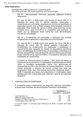 Notas Explicativas
GUARARAPES CONFECÇÕES S.A. E CONTROLADAS
(Em milhares de reais - R$, exceto quando de outra forma indicado)
IAS 27 – Demonstrações financeiras separadas (Separate Financial
Statements)
Em maio de 2011, o IASB emitiu uma revisão da norma IAS 27. A
alteração da norma IAS 27 aborda aspectos relacionados a
investimentos em controladas, empresas com controle compartilhado ou
associadas quando uma entidade prepara demonstrações financeiras
separadas. Esta revisão de norma é efetiva para exercícios anuais
iniciando em/ou após 01/01/2013. A Companhia esta avaliando os
efeitos que as alterações desta norma em suas demonstrações
financeiras consolidadas.
IAS 28 – Investimentos em associadas e empresas com controle
compartilhado (Investments in Associates and Joint Ventures)
Em maio de 2011, o IASB emitiu uma revisão da norma IAS 28. A
alteração da norma IAS 28 aborda aspectos relacionados à
contabilização de investimentos em associadas e estabelece os
requerimentos para aplicação do método de equivalência patrimonial
para a contabilização de investimentos em associadas e empresas com
controle compartilhado. Esta alteração de norma é efetiva para períodos
anuais iniciando em/ou após 01/01/2013. A Companhia não possui esta
modalidade de investimentos.
O Comitê de Pronunciamentos Contábeis - CPC ainda não editou os
respectivos pronunciamentos e modificações correlacionadas às IFRSs
novas e revisadas apresentadas acima. Em decorrência do
compromisso do CPC e da Comissão de Valores Mobiliários - CVM de
manter atualizado o conjunto de normas emitido com base nas
atualizações feitas pelo International Accounting Standards Board -
IASB, é esperado que esses pronunciamentos e modificações sejam
editados pelo CPC e aprovados pela CVM até a data de sua aplicação
obrigatória.
3. CONTROLADAS DA COMPANHIA
A Companhia possui investimentos nas seguintes empresas controladas,
as quais foram incluídas nas demonstrações financeiras consolidadas:
31/12/2011 31/12/2010
Lojas Riachuelo S.A. 100 100
Midway Shopping Center Ltda. 100 100
Midway S.A. Crédito, Financiamento e Investimento (*) 100 100
Transportadora Casa Verde Ltda. 100 100
Participação %
(*) Controle indireto. A controlada Lojas Riachuelo S.A. detém o controle direto desta
empresa.
PÁGINA: 61 de 118
DFP - Demonstrações Financeiras Padronizadas - 31/12/2011 - GUARARAPES CONFECÇÕES SA Versão : 1
 