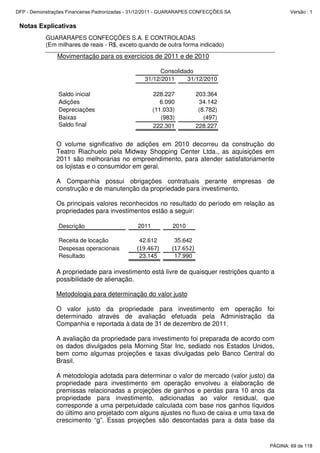Notas Explicativas
GUARARAPES CONFECÇÕES S.A. E CONTROLADAS
(Em milhares de reais - R$, exceto quando de outra forma indicado)
Movimentação para os exercícios de 2011 e de 2010
31/12/2011 31/12/2010
Saldo inicial 228.227 203.364
Adições 6.090 34.142
Depreciações (11.033) (8.782)
Baixas (983) (497)
Saldo final 222.301 228.227
Consolidado
O volume significativo de adições em 2010 decorreu da construção do
Teatro Riachuelo pela Midway Shopping Center Ltda., as aquisições em
2011 são melhorarias no empreendimento, para atender satisfatoriamente
os lojistas e o consumidor em geral.
A Companhia possui obrigações contratuais perante empresas de
construção e de manutenção da propriedade para investimento.
Os principais valores reconhecidos no resultado do período em relação as
propriedades para investimentos estão a seguir:
Descrição 2011 2010
Receita de locação 42.612 35.642
Despesas operacionais (19.467) (17.652)
Resultado 23.145 17.990
A propriedade para investimento está livre de quaisquer restrições quanto a
possibilidade de alienação.
Metodologia para determinação do valor justo
O valor justo da propriedade para investimento em operação foi
determinado através de avaliação efetuada pela Administração da
Companhia e reportada à data de 31 de dezembro de 2011.
A avaliação da propriedade para investimento foi preparada de acordo com
os dados divulgados pela Morning Star Inc, sediado nos Estados Unidos,
bem como algumas projeções e taxas divulgadas pelo Banco Central do
Brasil.
A metodologia adotada para determinar o valor de mercado (valor justo) da
propriedade para investimento em operação envolveu a elaboração de
premissas relacionadas a projeções de ganhos e perdas para 10 anos da
propriedade para investimento, adicionadas ao valor residual, que
corresponde a uma perpetuidade calculada com base nos ganhos líquidos
do último ano projetado com alguns ajustes no fluxo de caixa e uma taxa de
crescimento “g”. Essas projeções são descontadas para a data base da
PÁGINA: 69 de 118
DFP - Demonstrações Financeiras Padronizadas - 31/12/2011 - GUARARAPES CONFECÇÕES SA Versão : 1
 