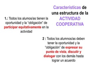 1.: Todos los alumos/as tienen la
oportunidad y la “obligación” de
participar equitativamente en la
actividad
2.: Todos los alumnos/as deben
tener la oportunidad y la
“obligación” de expresar su
punto de vista, discutir y
dialogar con los demás hasta
lograr un acuerdo
Características de
una estructura de la
ACTIVIDAD
COOPERATIVA
 