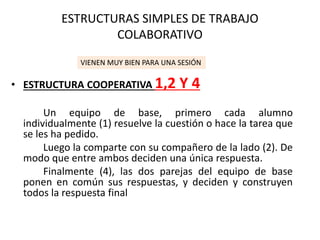 ESTRUCTURAS SIMPLES DE TRABAJO
COLABORATIVO
• ESTRUCTURA COOPERATIVA 1,2 Y 4
Un equipo de base, primero cada alumno
individualmente (1) resuelve la cuestión o hace la tarea que
se les ha pedido.
Luego la comparte con su compañero de la lado (2). De
modo que entre ambos deciden una única respuesta.
Finalmente (4), las dos parejas del equipo de base
ponen en común sus respuestas, y deciden y construyen
todos la respuesta final
VIENEN MUY BIEN PARA UNA SESIÓN
 