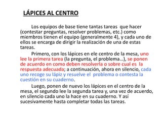 LÁPICES AL CENTRO
Los equipos de base tiene tantas tareas que hacer
(contestar preguntas, resolver problemas, etc.) como
miembros tienen el equipo (generalmente 4), y cada uno de
ellos se encarga de dirigir la realización de una de estas
tareas.
Primero, con los lápices en ele centro de la mesa, uno
lee la primera tarea (la pregunta, el problema…), se ponen
de acuerdo en como deben resolverla o sobre cual es la
respuesta adecuada; a continuación, ahora en silencio, cada
uno recoge su lápiz y resuelve el problema o contesta la
cuestión en su cuaderno.
Luego, ponen de nuevo los lápices en el centro de la
mesa, el segundo lee la segunda tarea y, una vez de acuerdo,
en silencio cada uno la hace en su cuaderno. Y así
sucesivamente hasta completar todas las tareas.
 