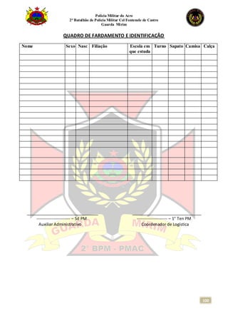 Polícia Militar do Acre
2° Batalhão de Polícia Militar Cel Fontenele de Castro
Guarda Mirim
100
QUADRO DE FARDAMENTO E IDENTIFICAÇÃO
Nome Sexo Nasc Filiação Escola em
que estuda
Turno Sapato Camisa Calça
_______________________________ ______________________________
------------------------ – Sd PM ---------------------- – 1° Ten PM
Auxiliar Administrativo Coordenador de Logística
 