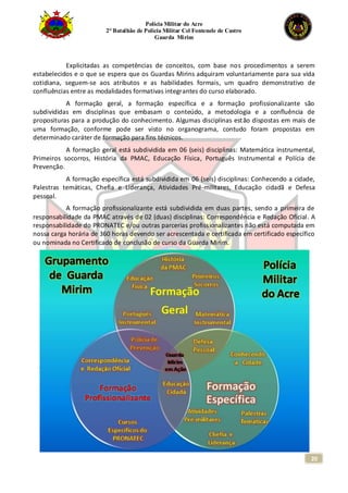 Polícia Militar do Acre
2° Batalhão de Polícia Militar Cel Fontenele de Castro
Guarda Mirim
20
Explicitadas as competências de conceitos, com base nos procedimentos a serem
estabelecidos e o que se espera que os Guardas Mirins adquiram voluntariamente para sua vida
cotidiana, seguem-se aos atributos e as habilidades formais, um quadro demonstrativo de
confluências entre as modalidades formativas integrantes do curso elaborado.
A formação geral, a formação específica e a formação profissionalizante são
subdivididas em disciplinas que embasam o conteúdo, a metodologia e a confluência de
proposituras para a produção do conhecimento. Algumas disciplinas estão dispostas em mais de
uma formação, conforme pode ser visto no organograma, contudo foram propostas em
determinado caráter de formação para fins técnicos.
A formação geral está subdividida em 06 (seis) disciplinas: Matemática instrumental,
Primeiros socorros, História da PMAC, Educação Física, Português Instrumental e Polícia de
Prevenção.
A formação específica está subdividida em 06 (seis) disciplinas: Conhecendo a cidade,
Palestras temáticas, Chefia e Liderança, Atividades Pré-militares, Educação cidadã e Defesa
pessoal.
A formação profissionalizante está subdividida em duas partes, sendo a primeira de
responsabilidade da PMAC através de 02 (duas) disciplinas: Correspondência e Redação Oficial. A
responsabilidade do PRONATEC e/ou outras parcerias profissionalizantes não está computada em
nossa carga horária de 360 horas devendo ser acrescentada e certificada em certificado específico
ou nominada no Certificado de conclusão de curso da Guarda Mirim.
 