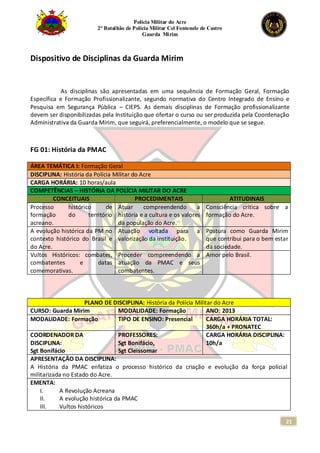 Polícia Militar do Acre
2° Batalhão de Polícia Militar Cel Fontenele de Castro
Guarda Mirim
21
Dispositivo de Disciplinas da Guarda Mirim
As disciplinas são apresentadas em uma sequência de Formação Geral, Formação
Específica e Formação Profissionalizante, segundo normativa do Centro Integrado de Ensino e
Pesquisa em Segurança Pública – CIEPS. As demais disciplinas de Formação profissionalizante
devem ser disponibilizadas pela Instituição que ofertar o curso ou ser produzida pela Coordenação
Administrativa da Guarda Mirim, que seguirá, preferencialmente, o modelo que se segue.
FG 01: História da PMAC
ÁREA TEMÁTICA I: Formação Geral
DISCIPLINA: História da Polícia Militar do Acre
CARGA HORÁRIA: 10 horas/aula
COMPETÊNCIAS – HISTÓRIA DA POLÍCIA MILITAR DO ACRE
CONCEITUAIS PROCEDIMENTAIS ATITUDINAIS
Processo histórico de
formação do território
acreano.
Atuar compreendendo a
história e a cultura e os valores
da população do Acre.
Consciência crítica sobre a
formação do Acre.
A evolução histórica da PM no
contexto histórico do Brasil e
do Acre.
Atuação voltada para a
valorização da instituição.
Postura como Guarda Mirim
que contribui para o bem estar
da sociedade.
Vultos Históricos: combates,
combatentes e datas
comemorativas.
Proceder compreendendo a
atuação da PMAC e seus
combatentes.
Amor pelo Brasil.
PLANO DE DISCIPLINA: História da Polícia Militar do Acre
CURSO: Guarda Mirim MODALIDADE: Formação ANO: 2013
MODALIDADE: Formação TIPO DE ENSINO: Presencial CARGA HORÁRIA TOTAL:
360h/a + PRONATEC
COORDENADOR DA
DISCIPLINA:
Sgt Bonifácio
PROFESSORES:
Sgt Bonifácio,
Sgt Cleissomar
CARGA HORÁRIA DISCIPLINA:
10h/a
APRESENTAÇÃO DA DISCIPLINA:
A História da PMAC enfatiza o processo histórico da criação e evolução da força policial
militarizada no Estado do Acre.
EMENTA:
I. A Revolução Acreana
II. A evolução histórica da PMAC
III. Vultos históricos
 