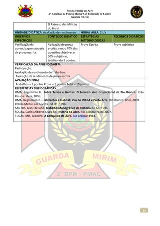 Polícia Militar do Acre
2° Batalhão de Polícia Militar Cel Fontenele de Castro
Guarda Mirim
23
O Patrono das Milícias
do Brasil.
UNIDADE DIDÁTICA: Avaliação de rendimento HORA/ AULA: 2h/a
OBJETIVOS
ESPECÍFICOS
CONTEÚDO DIDÁTICO ESTRATÉGIAS
METODOLÓGICAS
RECURSOS DIDÁTICOS
Verificação da
aprendizagem através
de prova escrita.
Aplicação de prova
escrita, sendo 70% das
questões objetivas e
30% subjetivas,
totalizando 5 pontos.
Prova Escrita Prova subjetiva
VERIFICAÇÃO DA APRENDIZAGEM:
Participação.
Avaliação de rendimento de trabalhos.
Avaliação de rendimento de prova escrita.
AVALIAÇÃO FINAL:
Trabalhos = 5 pontos Prova = 5 pontos Total = 10 pontos
REFERÊNCIAS BIBLIOGRÁFICAS:
LIMA, Reginâmio B.. Sobre Terras e Gentes: O terceiro eixo ocupacional de Rio Branco. João
Pessoa: Idéia, 2006.
LIMA, Regineison B.. Habitantes e Habitat: Vila do INCRA e Porto Acre. Rio Branco: Boni, 2009.
Policia Militar em Revista. Ed. 01, 1996.
SANTOS, Ivan Etelvino. Trabalho Monográfico de Historia. UFAC, 1996.
SOUZA, Carlos Alberto Alves de. Historia do Acre. Rio Branco: Paim, 2007.
TOCANTINS, Leandro. A Conquista do Acre. Rio Branco: 1983.
 
