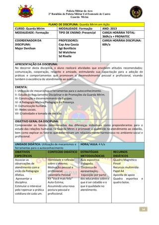 Polícia Militar do Acre
2° Batalhão de Polícia Militar Cel Fontenele de Castro
Guarda Mirim
54
PLANO DE DISCIPLINA: Guarda Mirim em Ação
CURSO: Guarda Mirim MODALIDADE: Formação ANO: 2013
MODALIDADE: Formação TIPO DE ENSINO: Presencial CARGA HORÁRIA TOTAL:
360h/a + PRONATEC
COORDENADOR DA
DISCIPLINA:
Major Denilson
PROFESSORES:
Cap Ana Cassia
Sgt Bonifácio
Sd Walcilene
Sd Rivelle
CARGA HORÁRIA DISCIPLINA:
60h/a
APRESENTAÇÃO DA DISCIPLINA:
No decorrer desta disciplina, o aluno realizará atividades que envolvem atitudes recomendados:
comunicação, cooperação, respeito e amizade, estimulando sua capacitação para a adoção de
práticas e comportamentos que promovam o desenvolvimento pessoal e profissional, visando
também à excelência do atendimento ao público.
EMENTA:
I- Utilização de mecanismos e ferramentas para o autoconhecimento.
II- Estudo do Regulamento Disciplinar e de Promoções da Guarda Mirim.
III- Construção e desenvolvimento de Equipes.
IV- A Pedagogia Afetiva/Pedagogia da Presença.
V- Comunicação humana.
VI- Redes sociais.
VII- Criatividade e tomada de decisão.
OBJETIVO GERAL DA DISCIPLINA:
Compreender os fatores determinantes das diferenças individuais como preponderantes para o
estudo das relações humanas na Guarda Mirim e promover a qualidade no atendimento ao cidadão,
bem como explicar os fatores que determinam um relacionamento harmonioso no ambiente social e
profissional.
UNIDADE DIDÁTICA: Utilização de mecanismos e
ferramentas para o autoconhecimento
HORA/ AULA: 4 h/a
OBJETIVOS
ESPECÍFICOS
CONTEÚDO DIDÁTICO ESTRATÉGIAS
METODOLÓGICAS
RECURSOS
DIDÁTICOS
Associar as
observações de
atendimento com a
visão da Pedagogia
Afetiva.
Apresentar a
disciplina.
Estimular o interesse
pelo repensar a prática
cotidiana de cada um.
Identidade e reflexão
sobre si mesmo;
Motivação pessoal e
profissional;
Inventário Pessoal
Kit “Você mais feliz”
Auto-Estima;
Assumindo uma nova
postura pessoal e
profissional.
Aula expositiva
dialogada;
Dinâmica de
apresentação;
Exposição por parte
dos educandos sobre o
que é ser cidadão e o
que é qualidade no
atendimento.
Quadro Magnético
Pincel
Recursos multimídia
Papel A4
Apostila de apoio
Quadra esportiva e
quatro bolas.
 