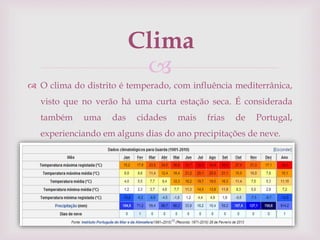 
 O clima do distrito é temperado, com influência mediterrânica,
visto que no verão há uma curta estação seca. É considerada
também uma das cidades mais frias de Portugal,
experienciando em alguns dias do ano precipitações de neve.
Clima
 