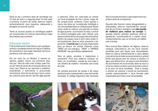 Deve-se dar a primeira dose de vermífugo aos
21 dias de vida, e a segunda dose 15 dias após
a primeira. A partir de então, deve-se repetir,
semestralmente, esse esquema, adequando a
dosagem ao peso do animal.
Tanto as vacinas quanto os vermífugos podem
ser encontrados em clínicas veterinárias e lojas
de produtos para animais.
Educação básica
É de fundamental importância, para qualquer
animal, o estabelecimento de regras e hábitos
de convivência. Isso exige repetição, técnica e
paciência, mas vale a pena.
Em um novo lar, os filhotes, e mesmo os
adultos, podem chorar nos primeiros dias,
isto por falta da mãe e dos irmãos, pelo frio,
ou por falta de senso de orientação dentro da
nova casa. Deve-se ser paciente e solidário,
entendendo o sofrimento e procurando
minimizá-lo. Uma forma de fazer isso é, antes
de colocá-lo para dormir, dar-lhe algo quente
e saboroso. Deve ser reservado ao animal
um local protegido de frio e vento, capaz de
lhe proporcionar conforto. Cama quente e
macia não deve ser considerada futilidade e
sim necessidade básica e indispensável. Nesta
cama, pode-se colocar uma garrafa ou bolsa
de água quente: ao encostar-se nela, o animal
se sentirá protegido pelo calor. Deixar uma
pequenafontedeluzacesaparaeleselocalizar
dentro do espaço novo é útil e bem-vindo. E,
principalmente, deve-se estar presente e ser
paciente. O tom de voz é um meio importante
para se educar um animal. Palavras como
“NÃO”, em voz enérgica, “VEM” e “VAMOS
PASSEAR” são aprendidas rapidamente.
Para os gatos, arranhar é importante e
necessário. Para isso, pode-se comprar ou
fazer um arranhador, usando-se uma base e
um cilindro de madeira revestido com corda
de cisal.
Os animais precisam de tempo e de nossa
paciência para compreender o que está sendo
ensinado. O código linguístico dos humanos
lhes é incompreensível e cada espécie tem seu
próprio jeito de se expressar.
Quando eles fizerem coisas desagradáveis e
indesejadas, deve-se repreendê-los usando
tom de voz firme e enérgico, mas não usando
de violência para ensinar ou corrigir. E,
quando tiverem atitudes positivas, deve-se
agradá-los, incentivando-os a repetir esses
comportamentos, que se tornarão um hábito
com o tempo.
Para ensinar-lhes hábitos de higiene, deve-se
começar colocando-os em um local restrito,
escolhido para que façam suas necessidades.
Deve-se colocar primeiramente a cama, depois
o jornal em local onde necessariamente o animal
tenha que passar para ter acesso à comida e à
água, que devem ficar um pouco mais distantes.
Ao excretarem em local errado, deve-se secar a
urina ou coletar as fezes com um jornal e colocá-
lo já seco no local escolhido. Com o tempo,
o animal vai associar o jornal ao excremento,
usando exclusivamente o local forrado pelo
responsável para fazer suas necessidades.
12
 