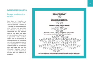 29
SUGESTÃO PEDAGÓGICA IV
Comprar ou adotar: eis a
questão!
Com base no infográfico ao
lado e nos textos desta cartilha
“Adoção consciente x compra” e
“Castração”, os alunos podem fazer
uma estimativa da quantidade
de cachorros ou gatos que a
comunidade teria, nos próximos
dois ou três anos, caso esses
animais continuem soltos na rua
e procriando. Cada estudante
poderá fazer um levantamento de
quantos cachorros ou gatos estão
morando ou circulando em sua rua
ou na região próxima à sua casa. Os
critérios podem ser estabelecidos
entre eles para que não haja
informação duplicada. Esse é
apenas um exercício de estimativa,
mas que, dará uma dimensão do
problema.
 