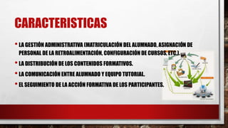 CARACTERISTICAS
•LA GESTIÓN ADMINISTRATIVA (MATRICULACIÓN DEL ALUMNADO, ASIGNACIÓN DE
PERSONAL DE LA RETROALIMENTACIÓN, CONFIGURACIÓN DE CURSOS, ETC.).
•LA DISTRIBUCIÓN DE LOS CONTENIDOS FORMATIVOS.
•LA COMUNICACIÓN ENTRE ALUMNADO Y EQUIPO TUTORIAL.
•EL SEGUIMIENTO DE LA ACCIÓN FORMATIVA DE LOS PARTICIPANTES.
 