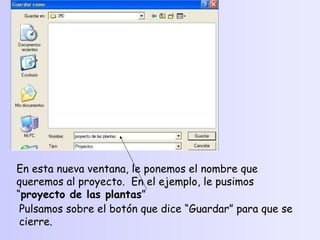 En esta nueva ventana, le ponemos el nombre que queremos al proyecto.  En el ejemplo, le pusimos “ proyecto de las plantas ” Pulsamos sobre el botón que dice “Guardar” para que se cierre. 