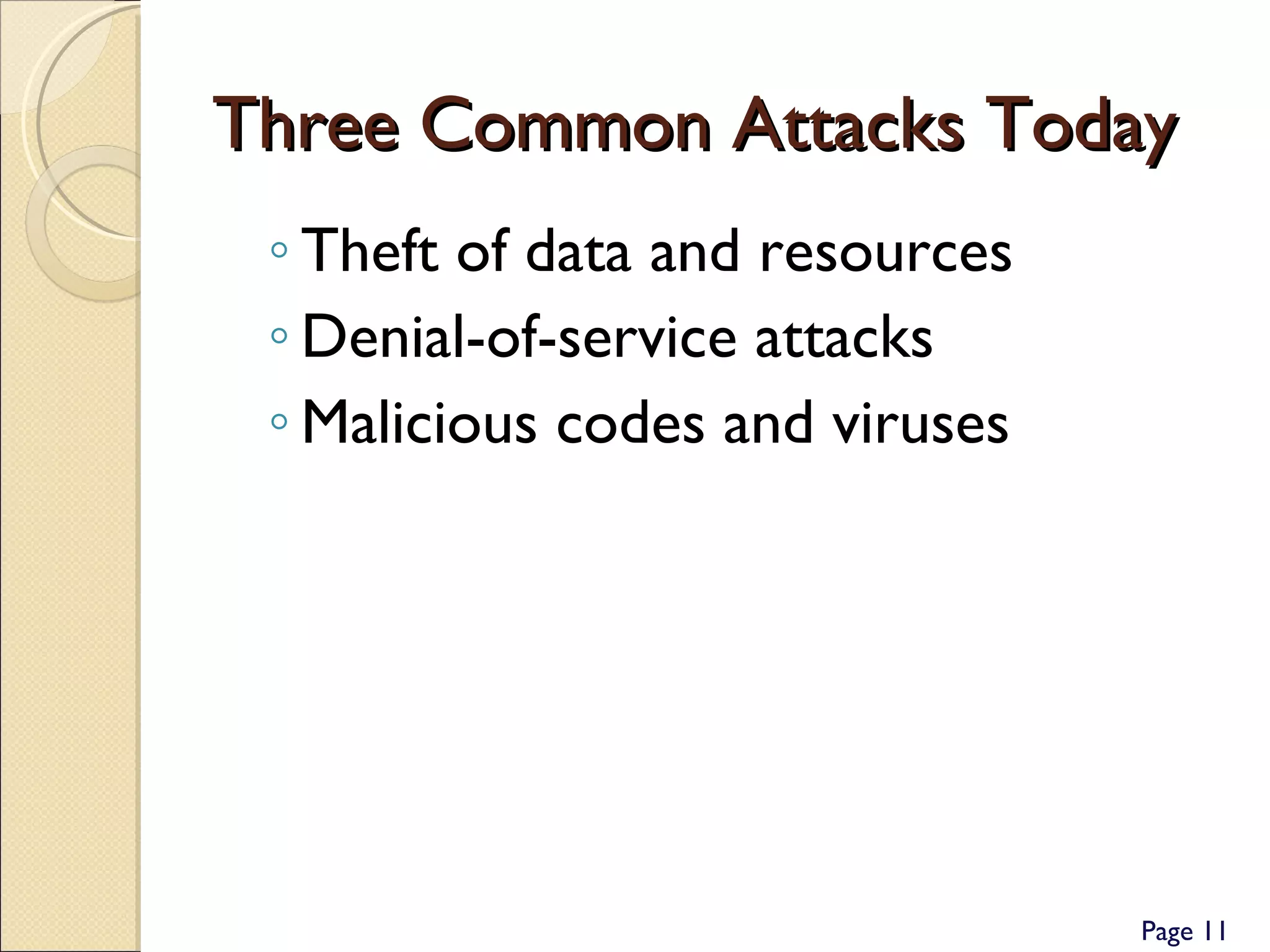 Three Common Attacks Today Theft of data and resources Denial-of-service attacks Malicious codes and viruses Page  
